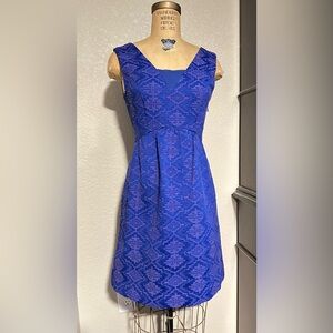 Maeve Anthropologie Elegant Blue Aztec Jacquard Dress with Pockets
